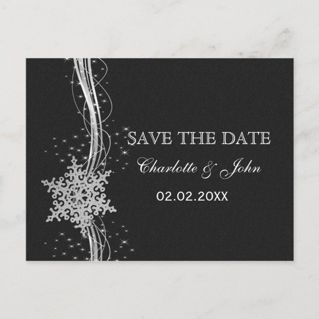 black Silver Snowflakes Winter save the Date Announcement Postcard (Front)