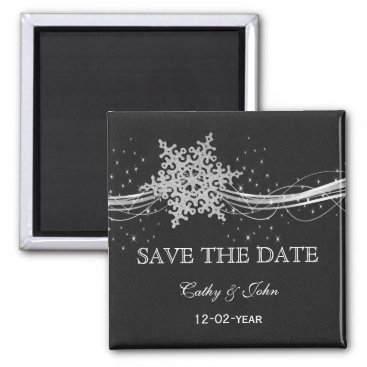 black Silver Snowflakes Winter save the Date Magnet