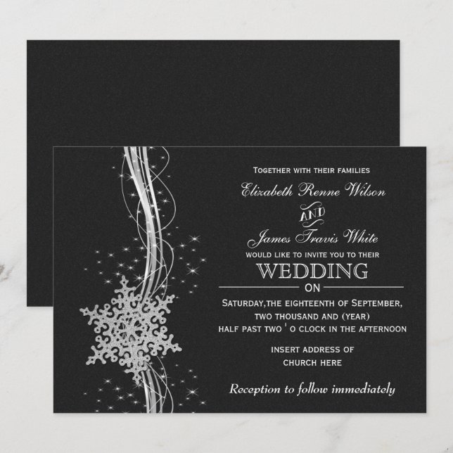 black Silver Snowflakes Winter wedding invitations (Front/Back)