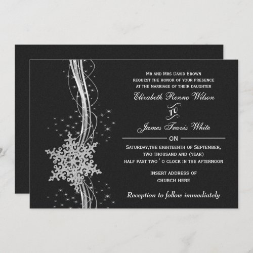 black Silver Snowflakes Winter wedding invitations