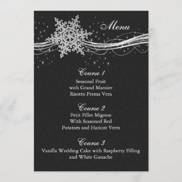 black Silver Snowflakes Winter wedding menu cards