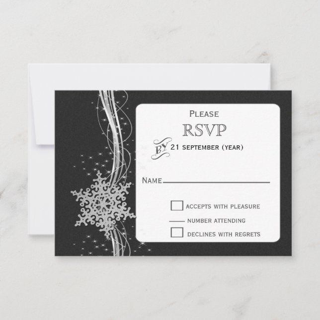 black Silver Snowflakes Winter wedding RSVP (Front)