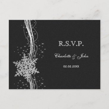 black Silver Snowflakes Winter wedding RSVP Invitation Postcard