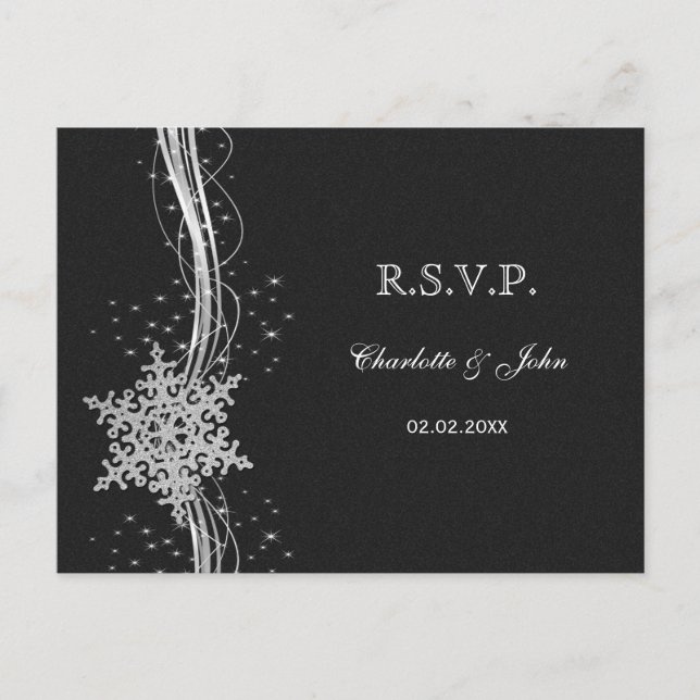 black Silver Snowflakes Winter wedding RSVP Invitation Postcard (Front)