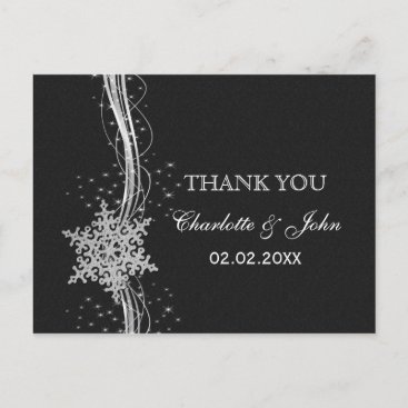 black Silver Snowflakes Winter wedding Thank You Postcard