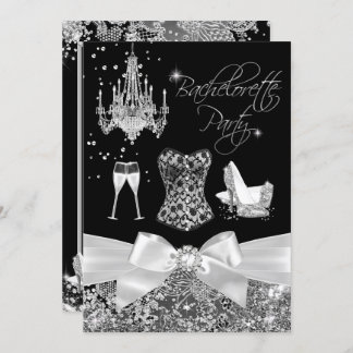Black Silver Sparkle Bow Bachelorette Party Invitation
