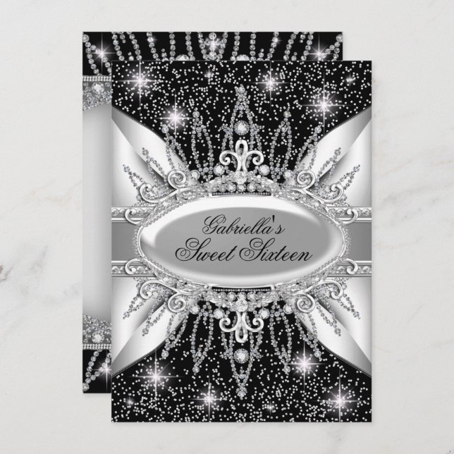 Black & Silver Sparkle Diamond Sweet 16 Invite (Front/Back)