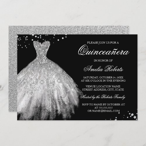Black Silver Sparkle Dress Quinceanera Invitation