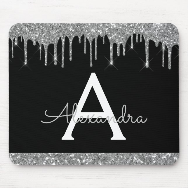 Black Silver Sparkle Glitter Chic Monogram Mouse Pad (Front)