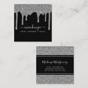Black Silver Sparkle Glitter Drips Luxury Square Business Card