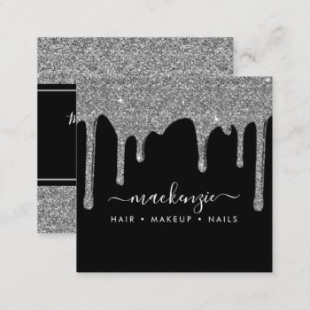 Black Silver Sparkle Glitter Drips Luxury Square Business Card by CedarAndString at Zazzle