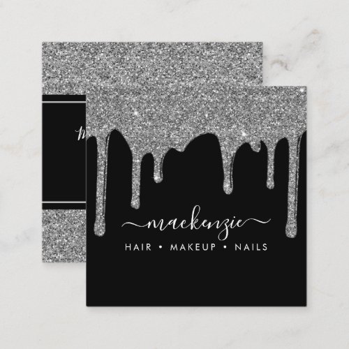 Black Silver Sparkle Glitter Drips Luxury Square Business Card