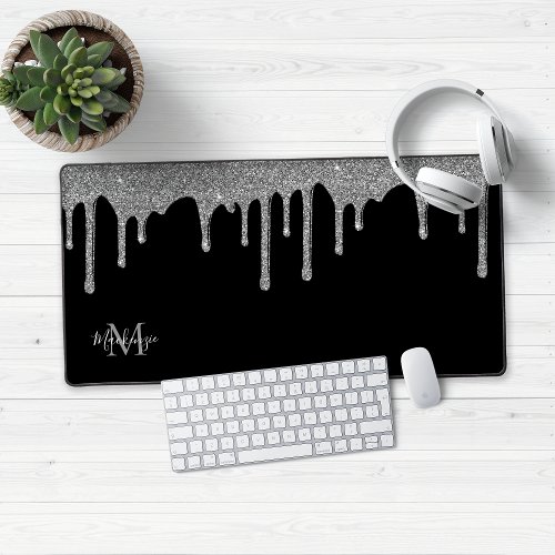 Black Silver Sparkle Glitter Drips Monogram Desk Mat
