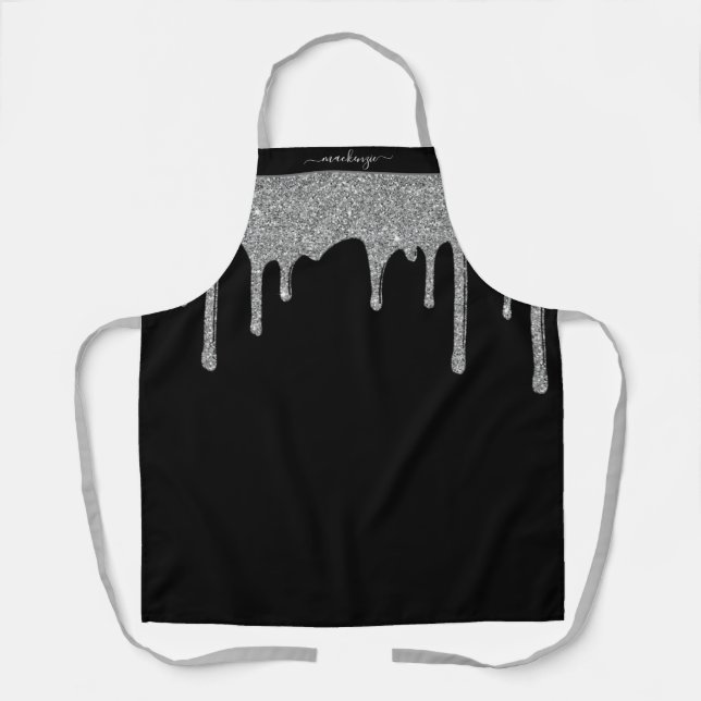 Black Silver Sparkle Glitter Drips Personalized Apron (Front)