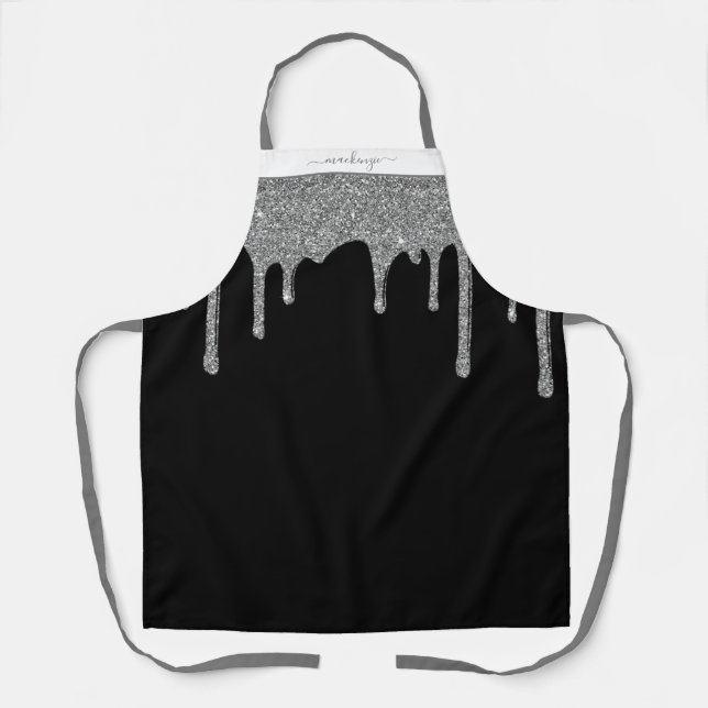 Black Silver Sparkle Glitter Drips Personalized Apron (Front)