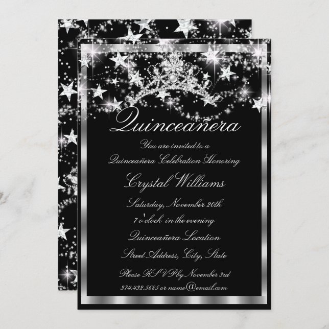 Black Silver Sparkle Tiara Stars Quinceanera Invitation (Front/Back)