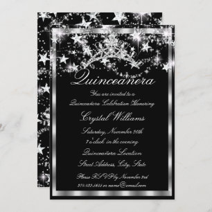 Black Silver Sparkle Tiara Stars Quinceanera Invitation