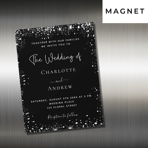 Black silver sparkle wedding invitation magnet