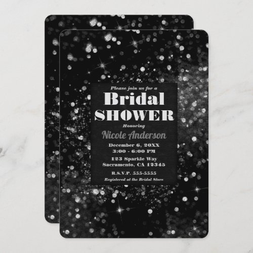 Black  Silver Sparkling Lights Glam Bridal Shower Invitation