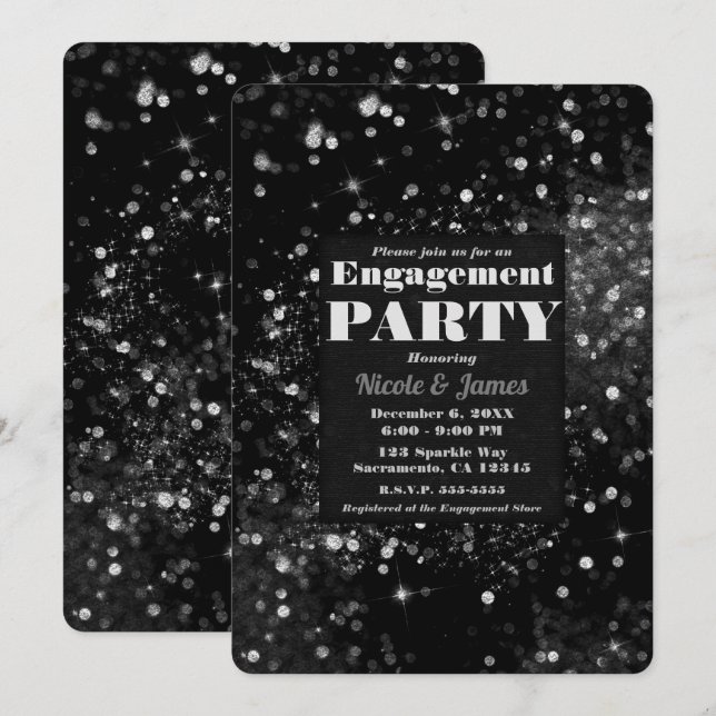 Black & Silver Sparkling Lights Glam Engagement Invitation (Front/Back)