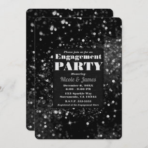 Black & Silver Sparkling Lights Glam Engagement Invitation