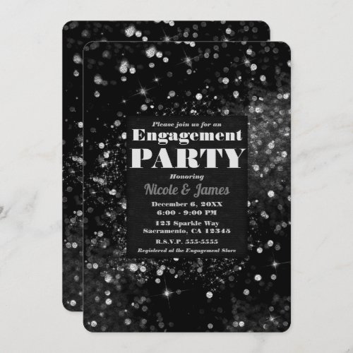 Black  Silver Sparkling Lights Glam Engagement Invitation