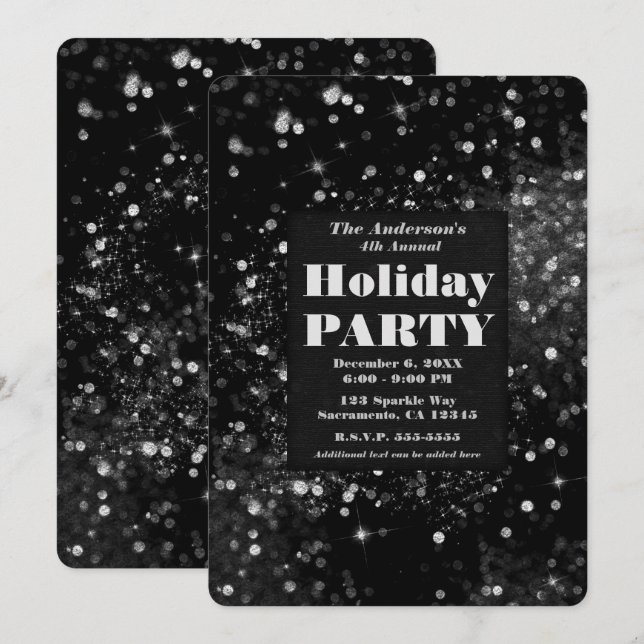 Black & Silver Sparkling Lights Glam Holiday Party Invitation (Front/Back)