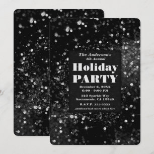 Black & Silver Sparkling Lights Glam Holiday Party Invitation