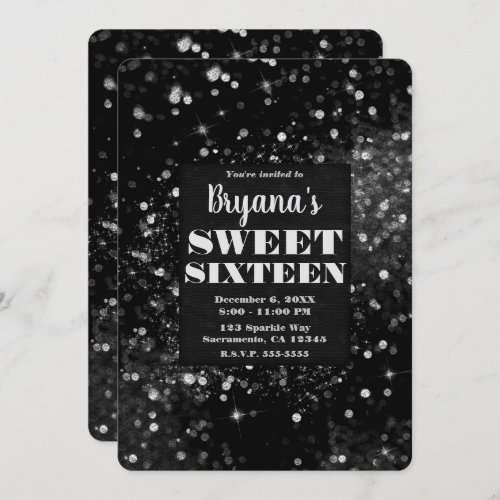 Black Silver Sparkling Lights Glam Sweet 16 Party Invitation