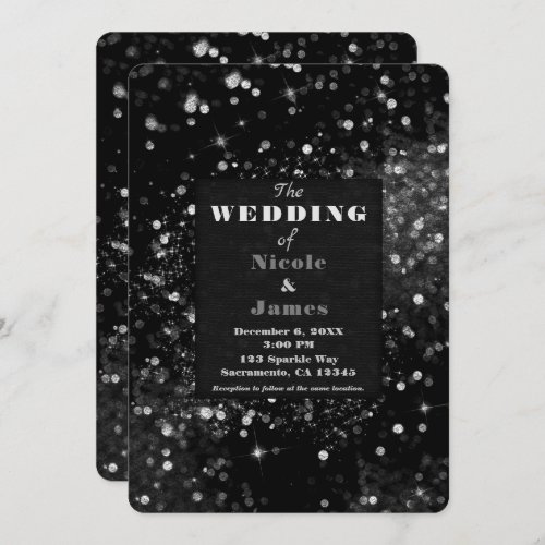 Black  Silver Sparkling Lights Glam Wedding Invitation