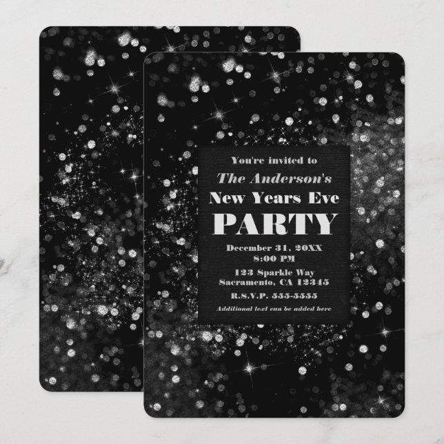 Black Silver Sparkling Lights New Years Eve Party Invitation (Front/Back)