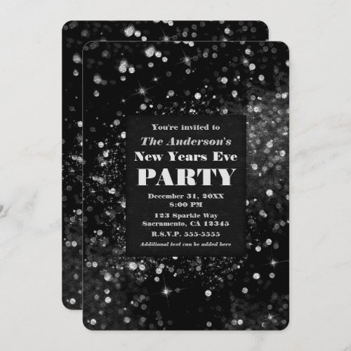 Black Silver Sparkling Lights New Years Eve Party Invitation