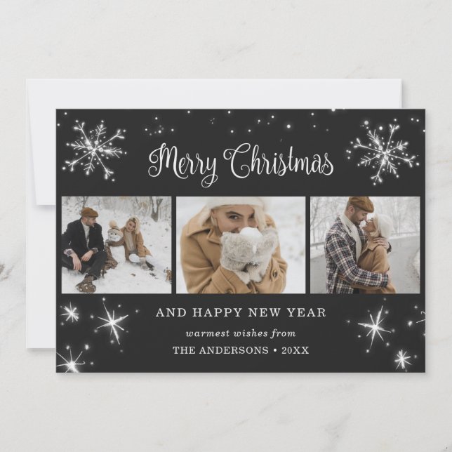 Black Silver Sparkly Snowflake Photo Collage Holiday Card (Front)