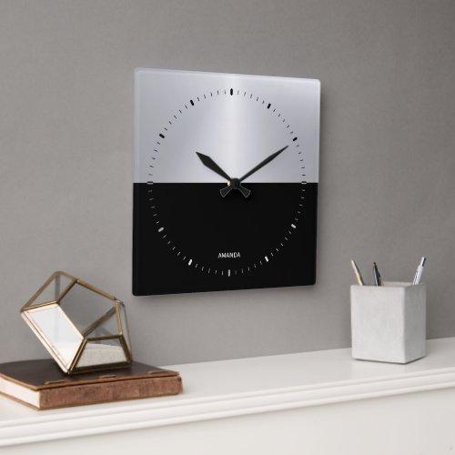 Black  Silver Split_Screen Geometric Design Square Wall Clock