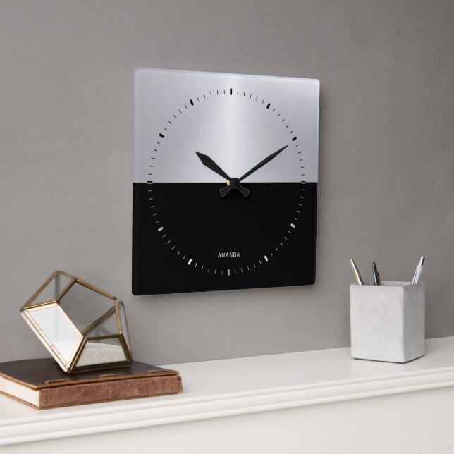 Black & Silver Split-Screen Geometric Design Square Wall Clock (Office)