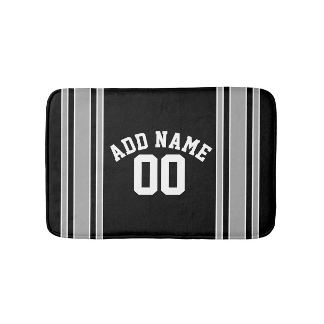 Black Silver Sports Jersey with Name and Number Bathroom Mat (Front)