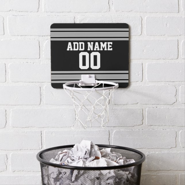 Black Silver Sports Jersey with Your Name & Number Mini Basketball Hoop (In Situ)