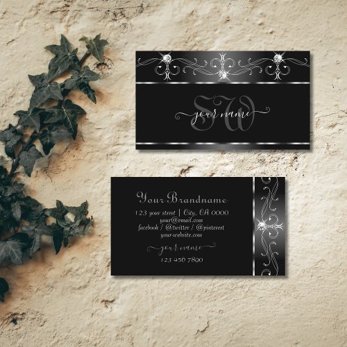 Black Silver Squiggles Sparkling Diamonds Initials Business Card