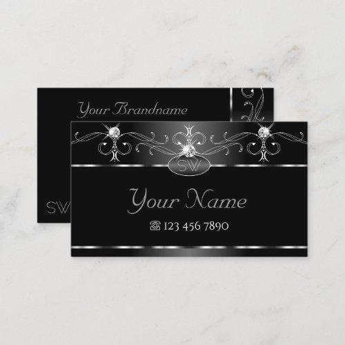 Black Silver Squiggles Sparkling Diamonds Monogram Business Card