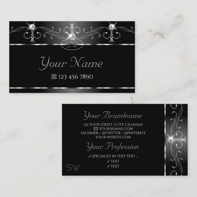 Black Silver Squiggles Sparkling Diamonds Monogram Business Card (Front/Back)