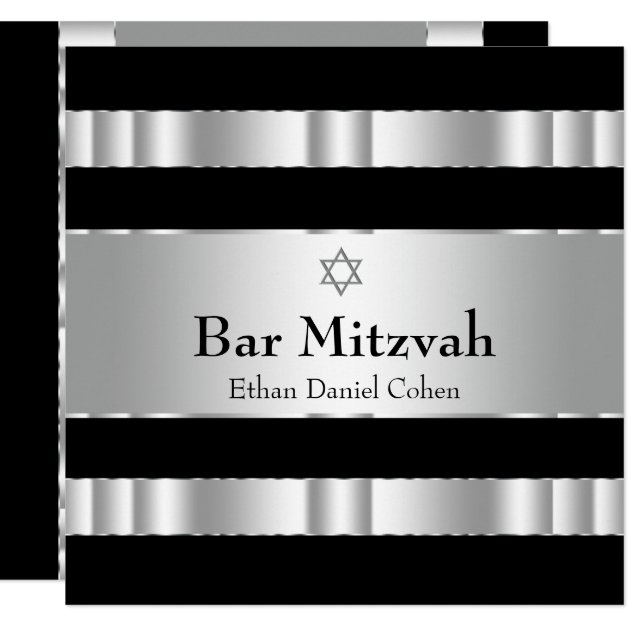 Black Silver Star Of David Bar Mitzvah Invitation