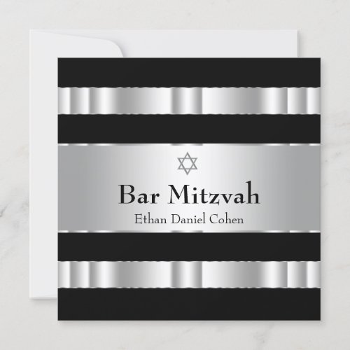 Black Silver Star of David Bar Mitzvah Invitation