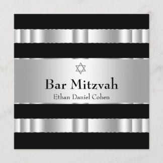 Black Silver Star of David Bar Mitzvah Invitation