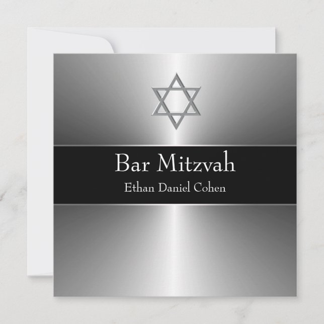 Black Silver Star of David Bar Mitzvah Invitation (Front)