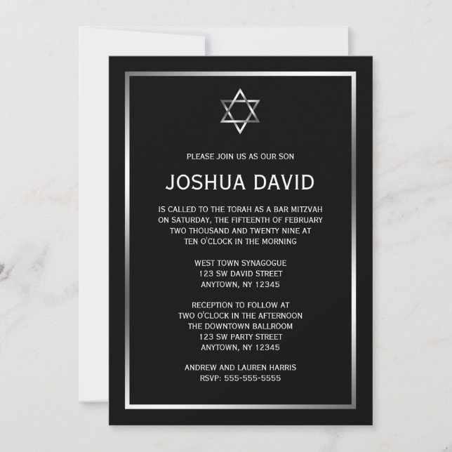 Black Silver Star of David Bar Mitzvah Invitations (Front)