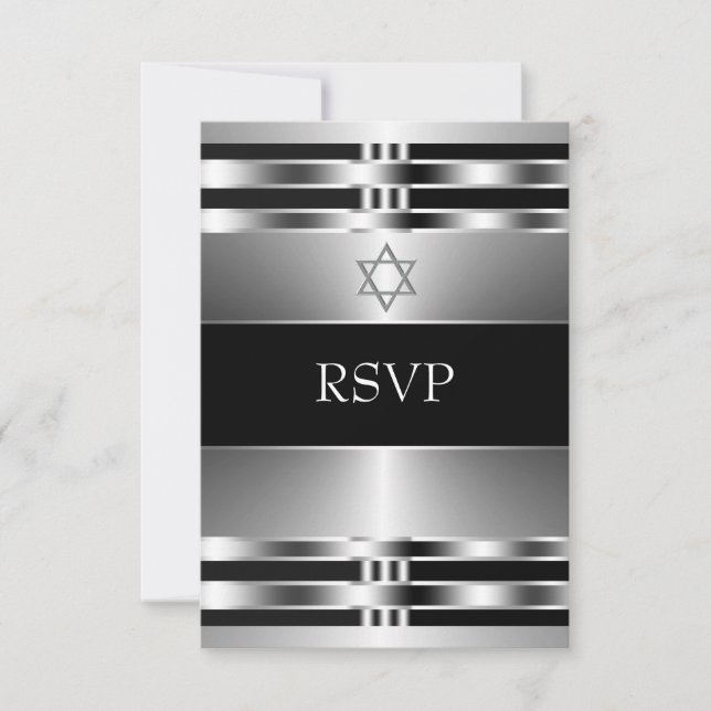Black Silver Star of David Bar Mitzvah RSVP Card (Front)