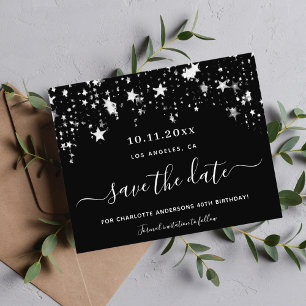 Black silver stars birthday budget save the date flyer