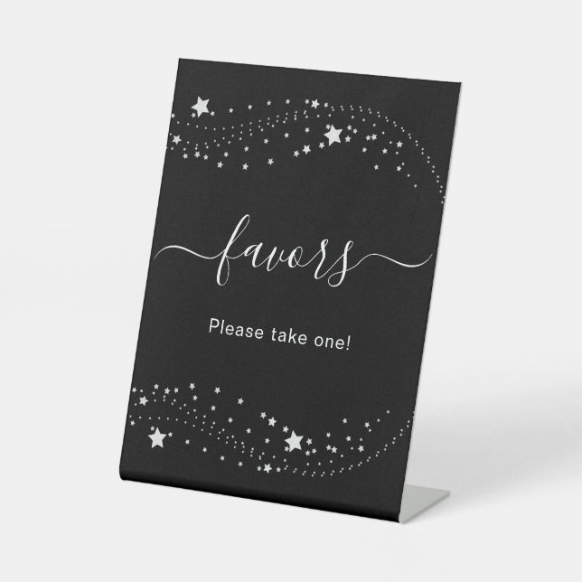 Black silver stars elegant guest party favors pedestal sign (Front)