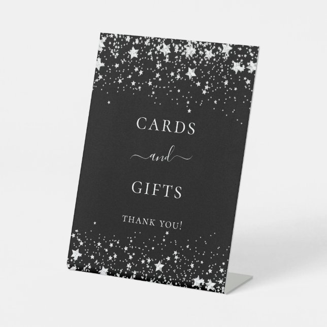 Black silver stars guest party cards gifts pedestal sign (Front)