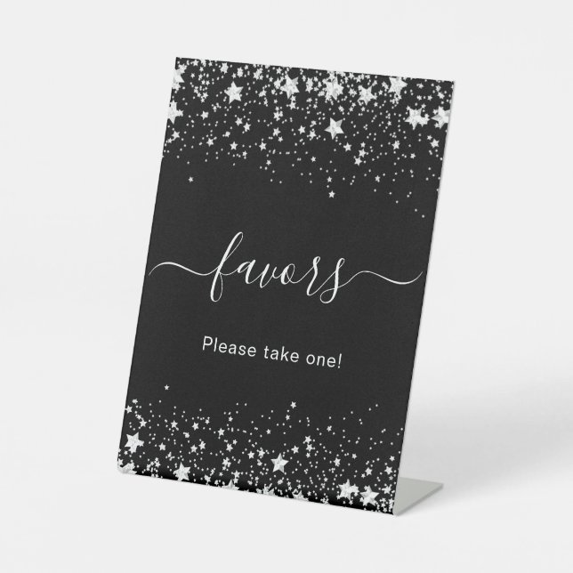Black silver stars guest party favors pedestal sign (Front)